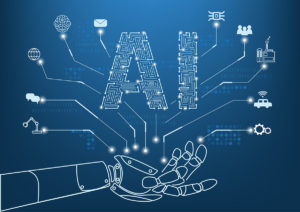 Artificial intelligence concept with line icon and hand of robot